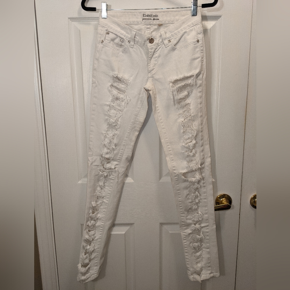 BEBE Premium Denim Size 26 Distressed White Jeans, EUC